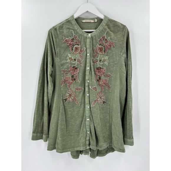 Soft Surroundings Blouse Womens XL Green Pink Floral Embroidered Button Up Tunic - Picture 1 of 16